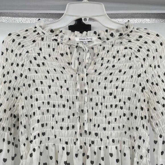 Rose + Olive Heart Print Blouse Long Sleeve Smocked Ivory/Black Size Small - Picture 2 of 8